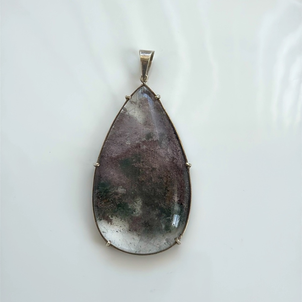 Unique Moss Agate Teardrop Pendant in Sterling Silver